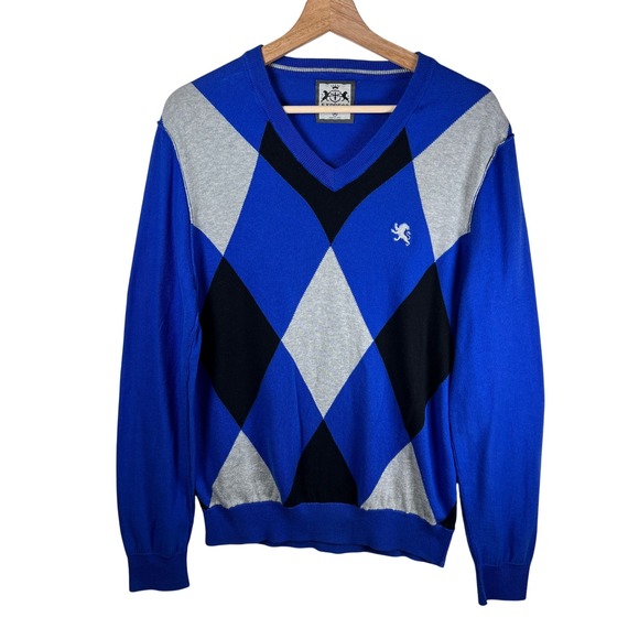 Express Other - Y2k Express Men's Blue Argyle V Neck Sweater Size Medium Cotton Lion Logo‎
